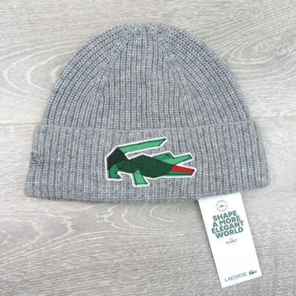 Lacoste Crocodile Big Patch Grey Wool Beanie Cap One Size NEW - Picture 2 of 13